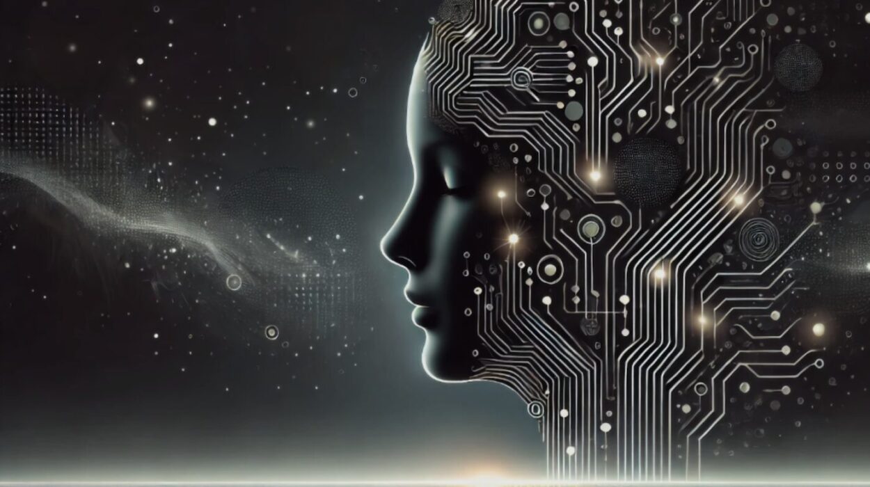 Futuristic AI human head with circuit patterns representing artificial intelligence and innovation.